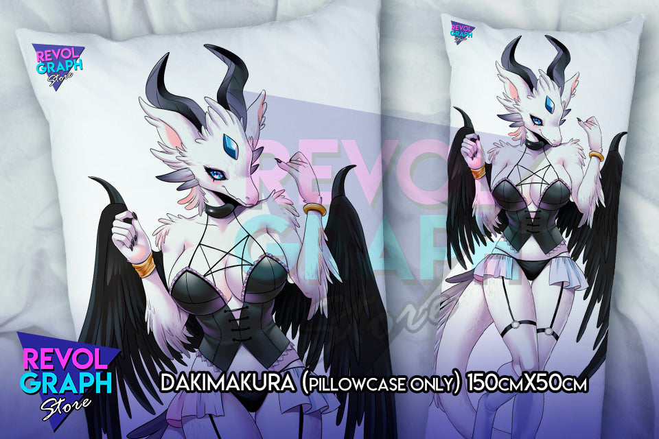 Dakimakura, Fullbody pillow case - White Dragon in Black Sexy Lingerie (Covergirl's original Furry design) NSFW